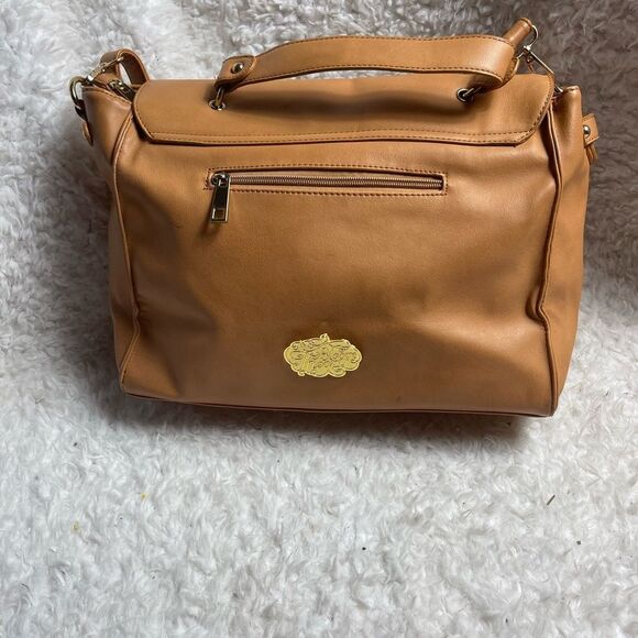 Bloom Theory Camera bag  tan synthetic leather laser cut metallic gold layer. - Picture 2 of 14